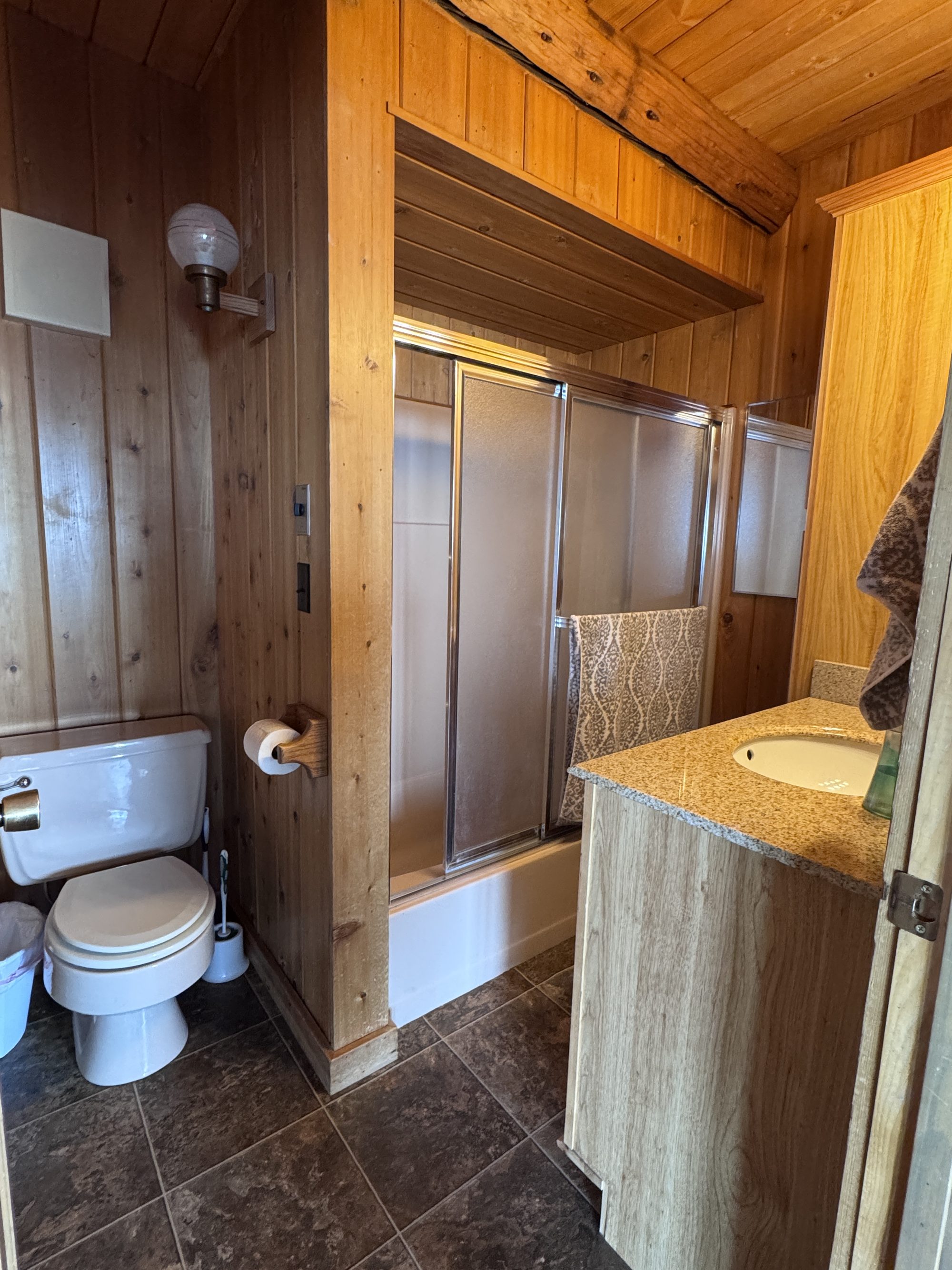 Main-level bathroom with shower and granite vanity