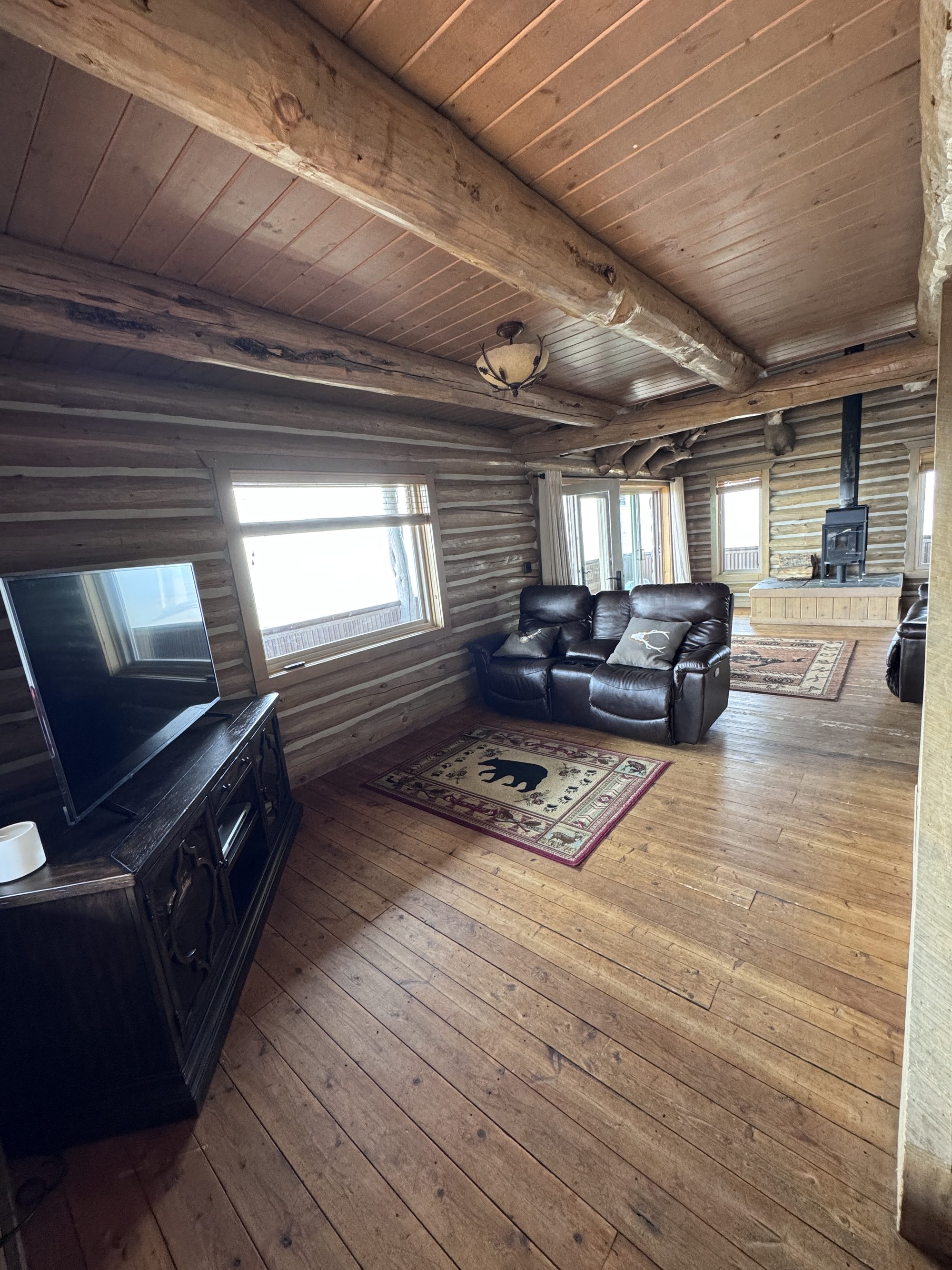 Living room with Smart TV and valley-view windows