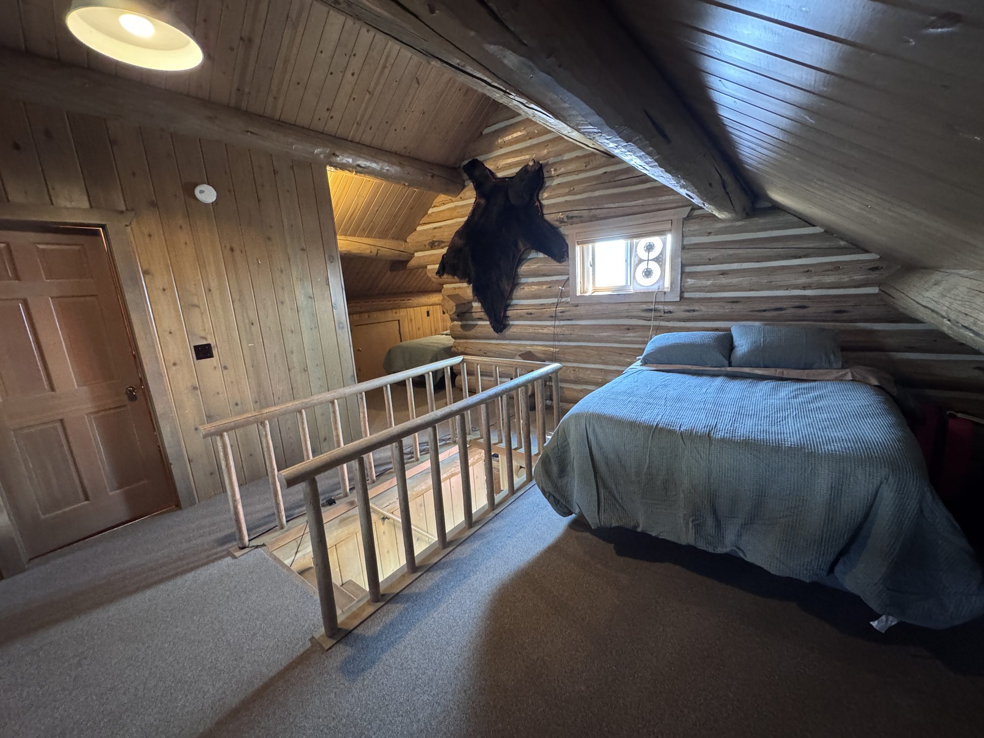 Loft bedroom with bear hide and stair rail