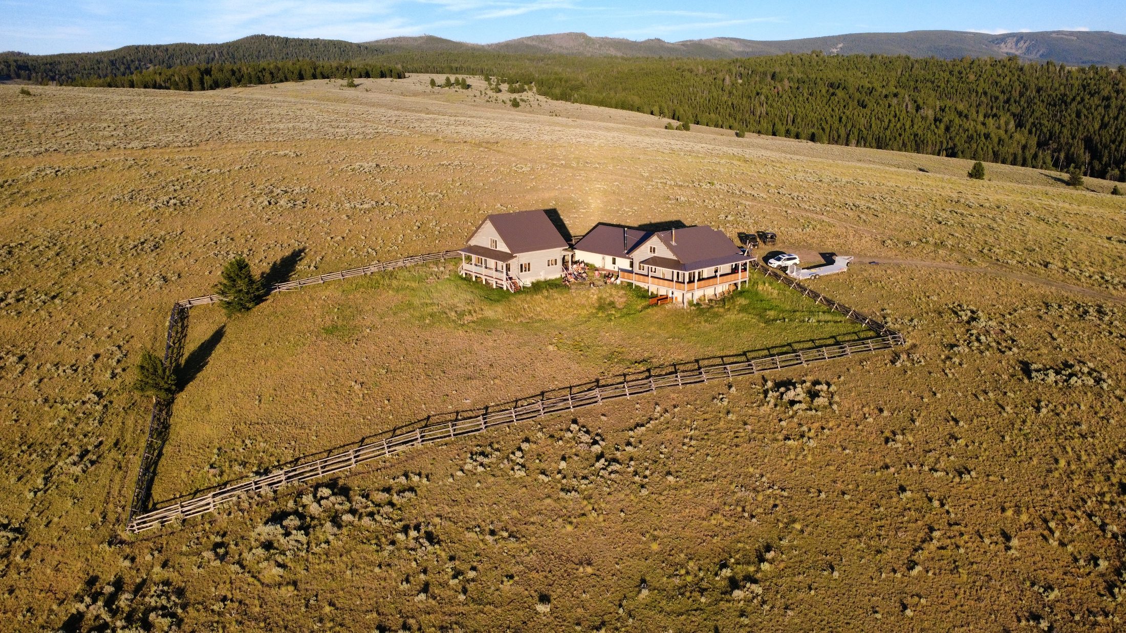 Aerial view of the cabins at golden hour